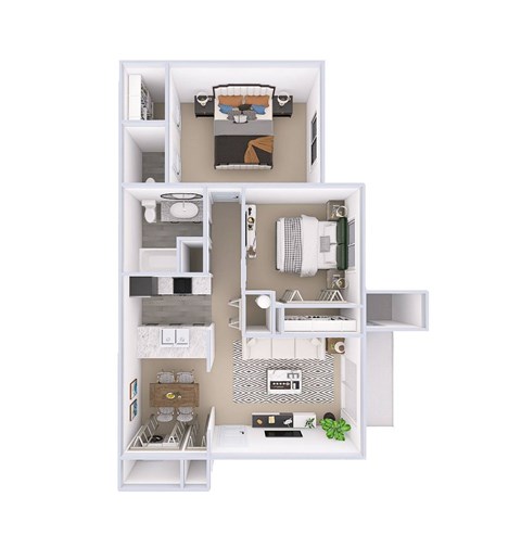 A 3D floor plan of a small apartment with a kitchen, living room, and bedrooms.